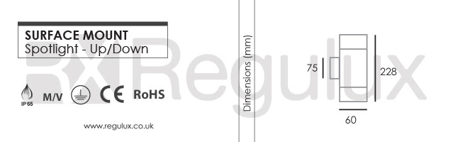 Dimensions for KITTYHAWK-1 - Up Down Wall Spotlight Hi-Grade Stainless Steel Body