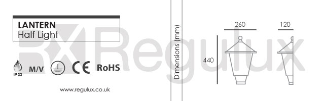 Dimensions for Cast Alluminium Outdoor Lighting - Lantern Head Half Light