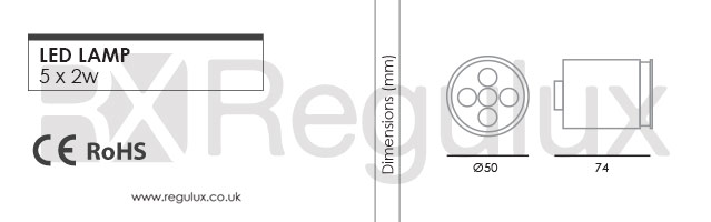 LS5x2. 5x2w 240v LED Lamp. MR16 & GU10 Dimensions
