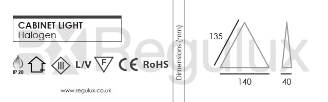 TRL. Triangular Halogen Cabinet Light. Dimensions